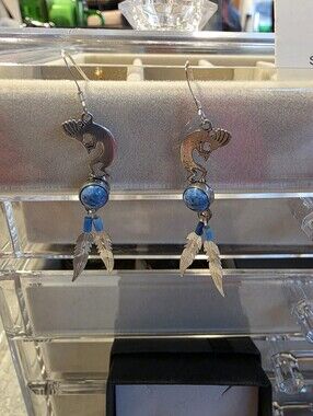 Silver Kokopelli Blue Stone Feather Drop Earrings